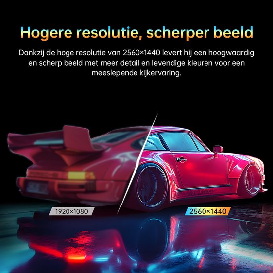 Een rode sportwagen toont een scherp 2560x1440 beeld naast een wazig 1920x1080 beeld.