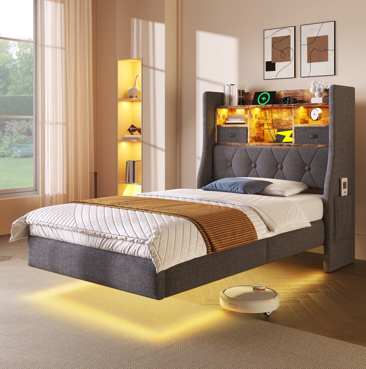 REDOM - Bed - LED-verlichting - Hoofdeinde met opbergruimte - Oplaadstation met USB en Type-C - Modern - Slaapkamer - Stof - Grijs - 90 x 200 cm