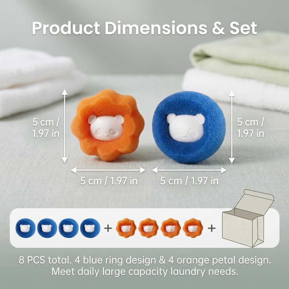 Effectieve Herbruikbare Lintballen Set voor Huisdierhaar - 8 Stuks voor Dierenharen, Wasmachine en Schone Kleding en Beddengoed (4 Oranje + 4 Blauw)