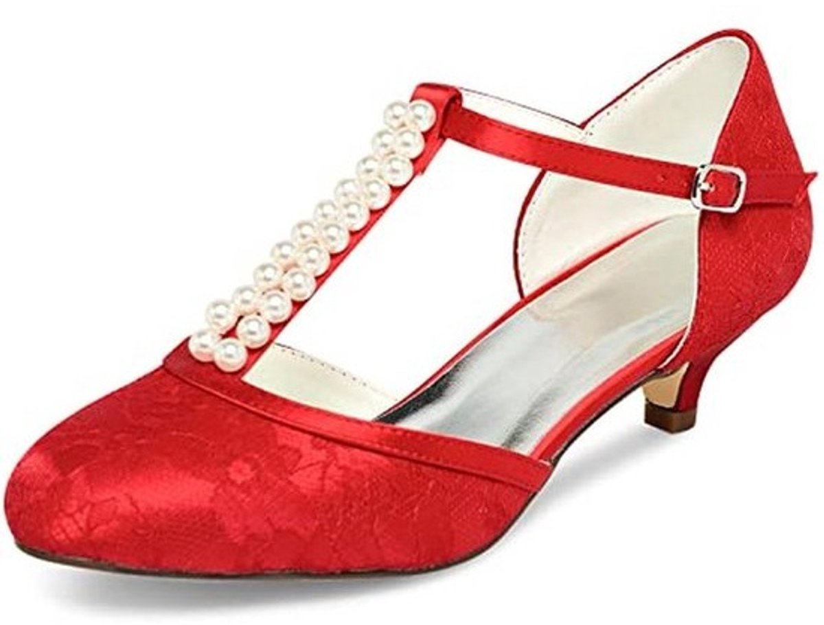 Bruidschoenen voor Vrouwen - Gesloten Teen T-riem Met Lage Hak en Kant