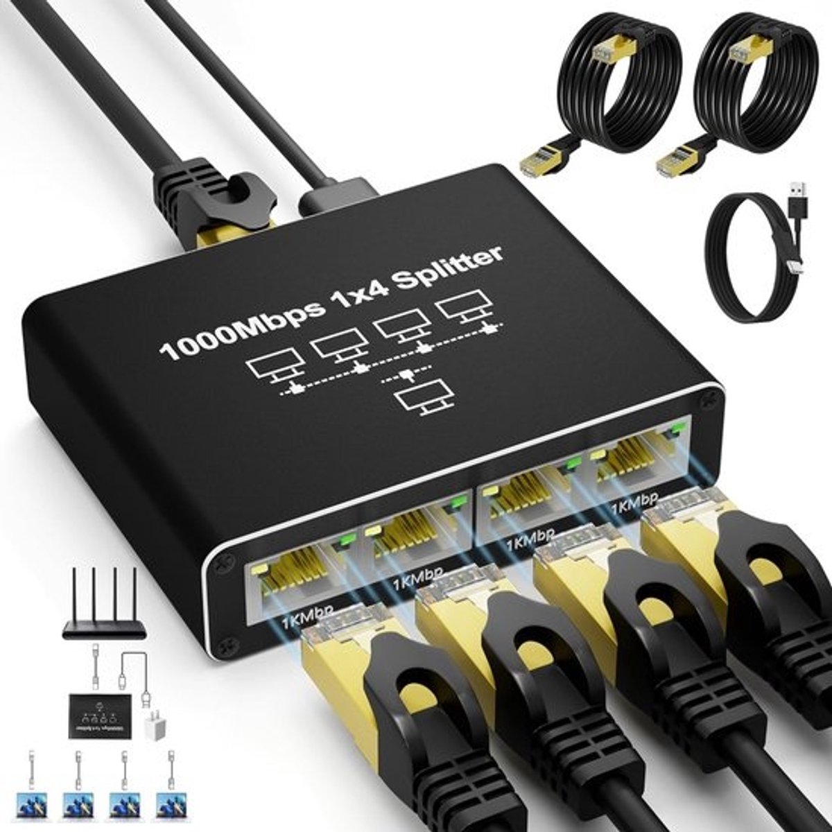 Ethernet-splitter 1 tot 4 met 2 LAN-kabels - Hoogwaardige RJ45 netwerksplitter voor 1000 Mbps