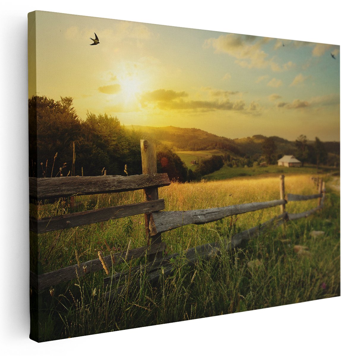 Artaza Canvas Schilderij Boerderij Hekken op het Grasveld - 160x120 cm - Groot - Wanddecoratie Woonkamer - Schilderijen - Muurdecoratie