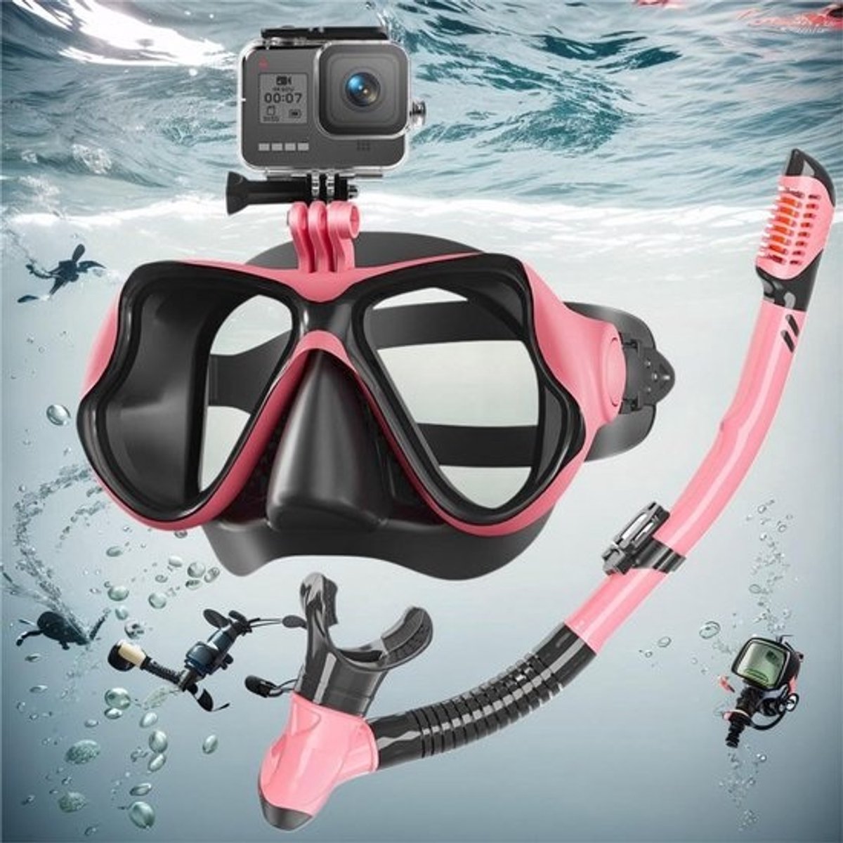 Snorkelset Volwassenen Duikbril Panorama Zicht Droge Snorkel Anti-Condens Gehard Glas Camera Houder Verstelbare Hoofdband