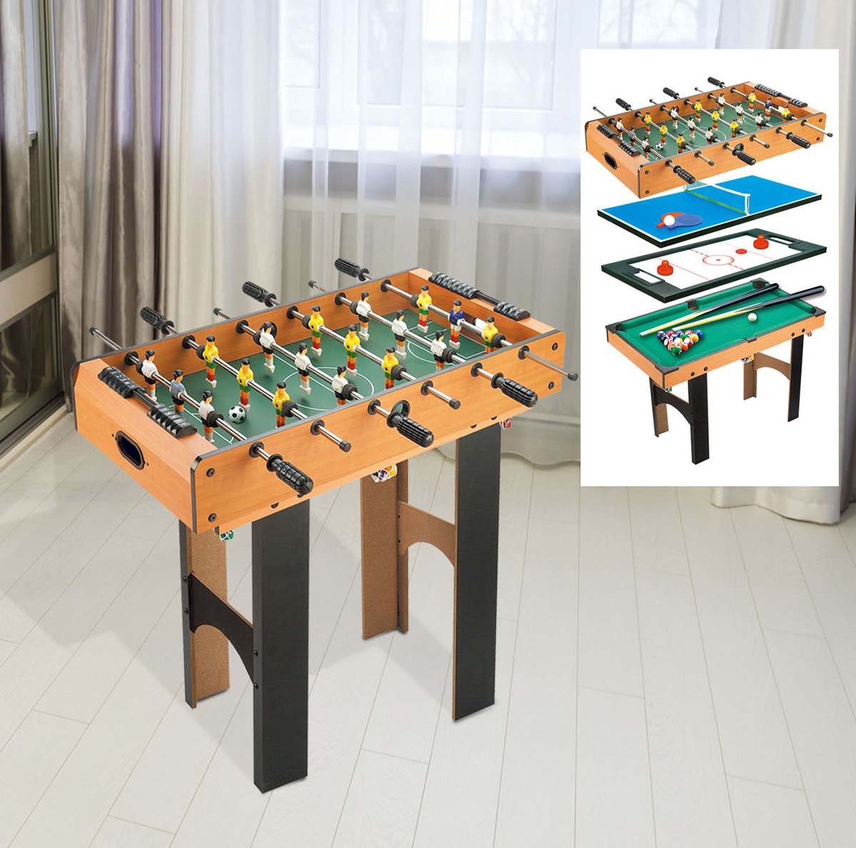COVREO Multigame tafel 92x78x80 cm natural wood MDF - 4-in-1 voor tafelvoetbal airhockey tafeltennis en biljart
