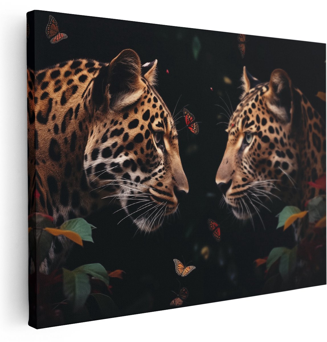 Artaza Canvas Schilderij Twee Luipaarden die Elkaar Aankijken - Dieren - 160x120 cm - Groot - Wanddecoratie Woonkamer - Schilderijen - Muurdecoratie