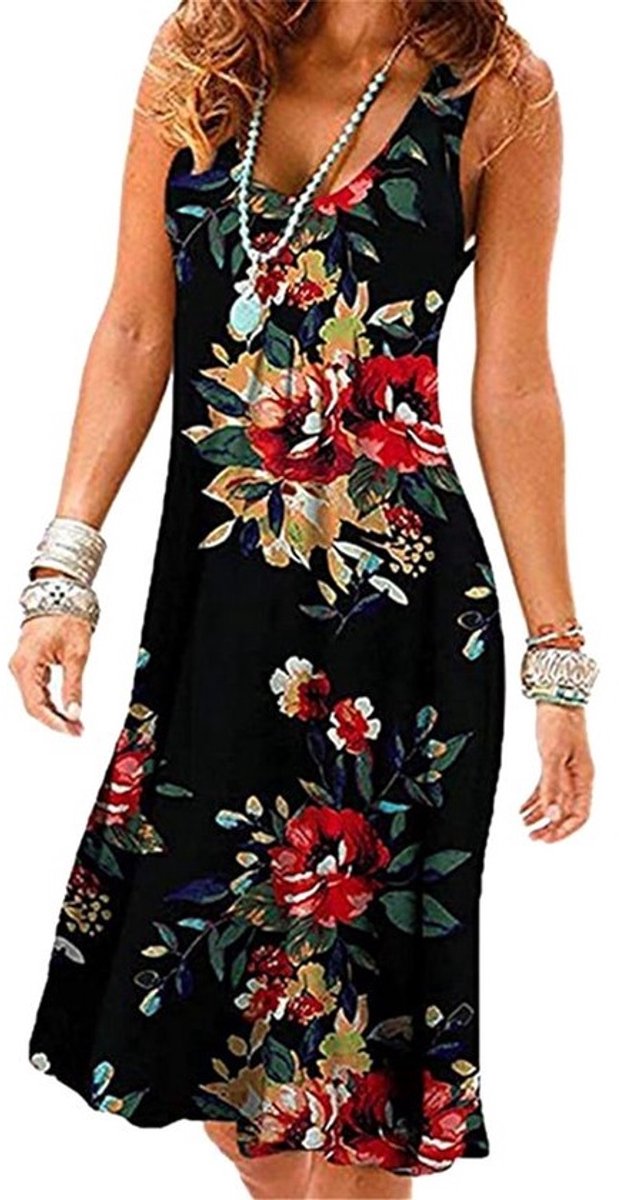 Bloemenprint Midi Jurk Dames - Losse Mouwloze Strandjurk voor Zomer