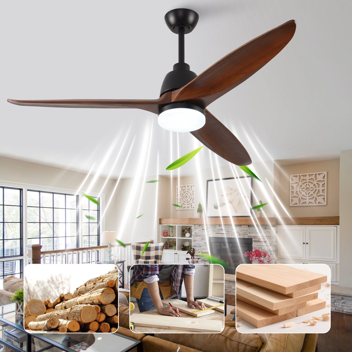 VVBV Plafondventilator met Verlichting 56 inch - DC-Motor, 6 Snelheden, Zomer/Winterstand, 3CCT Lichtkleur - Walnoot/Zwart