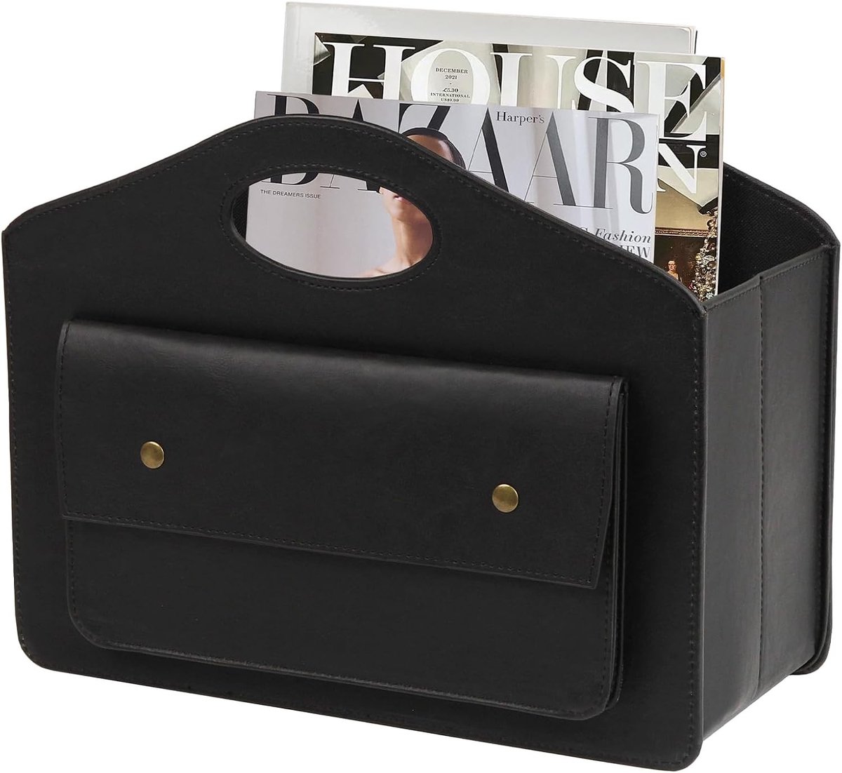 Leren tijdschrift- en krantenhouder met handvat, opvouwbare opbergmand met voorvak, multifunctionele organizer in zwart, 33.8 x 28.5 x 18 cm, ideaal voor huis en kantoor