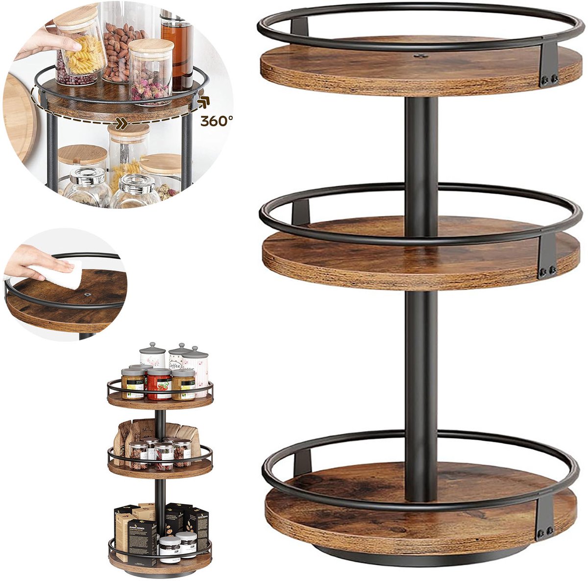 Houten Draaiplateau Organizer, 3-Laags 360° Draaibare Rekhouder, Ronde Houten Draaischijf, Opbergruimte Op Het Aanrecht.