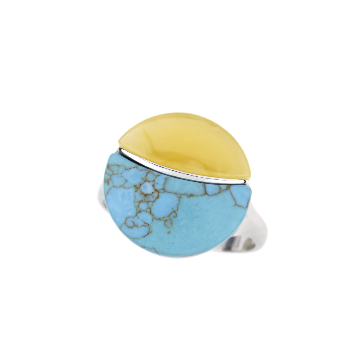 Cavill - 925 Sterling Zilver Ring - 2,3 ct Turkoois & 0,85 ct Baltische Barnsteen - Handgemaakt - Geometrisch Damesring