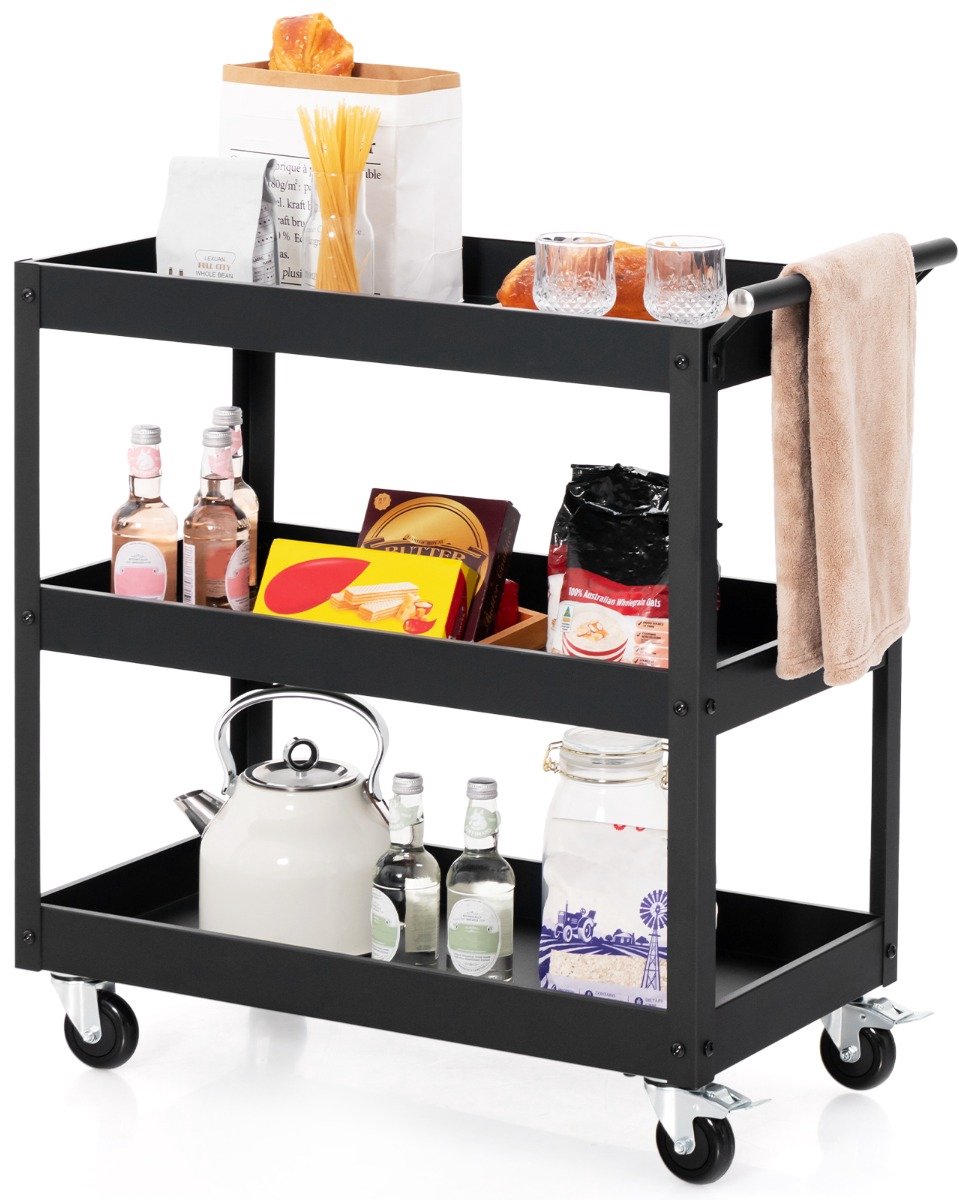 SureDeal® - Keukentrolley - Keukenbuffet Universele Wielen - Open Schappen Opbergwagen - Ergonomische Handgreep - 77,5x38x79 cm - Zwart