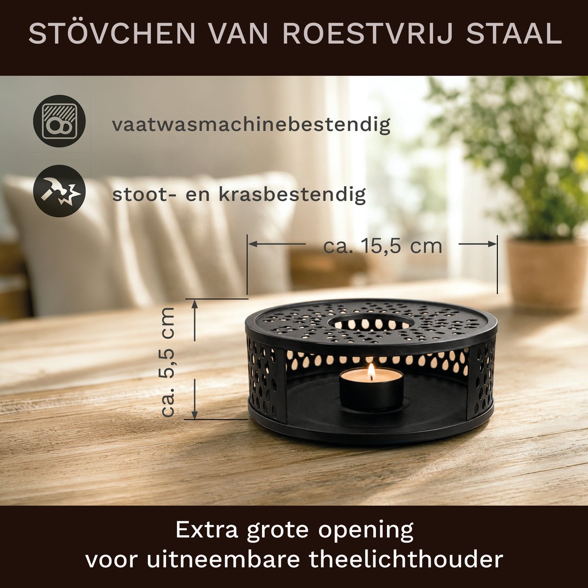 Creano glazen theepot 1,6l met rvs filter en zwart theelicht "Leaf" — cadeau in Koken & Dineren - foto 2