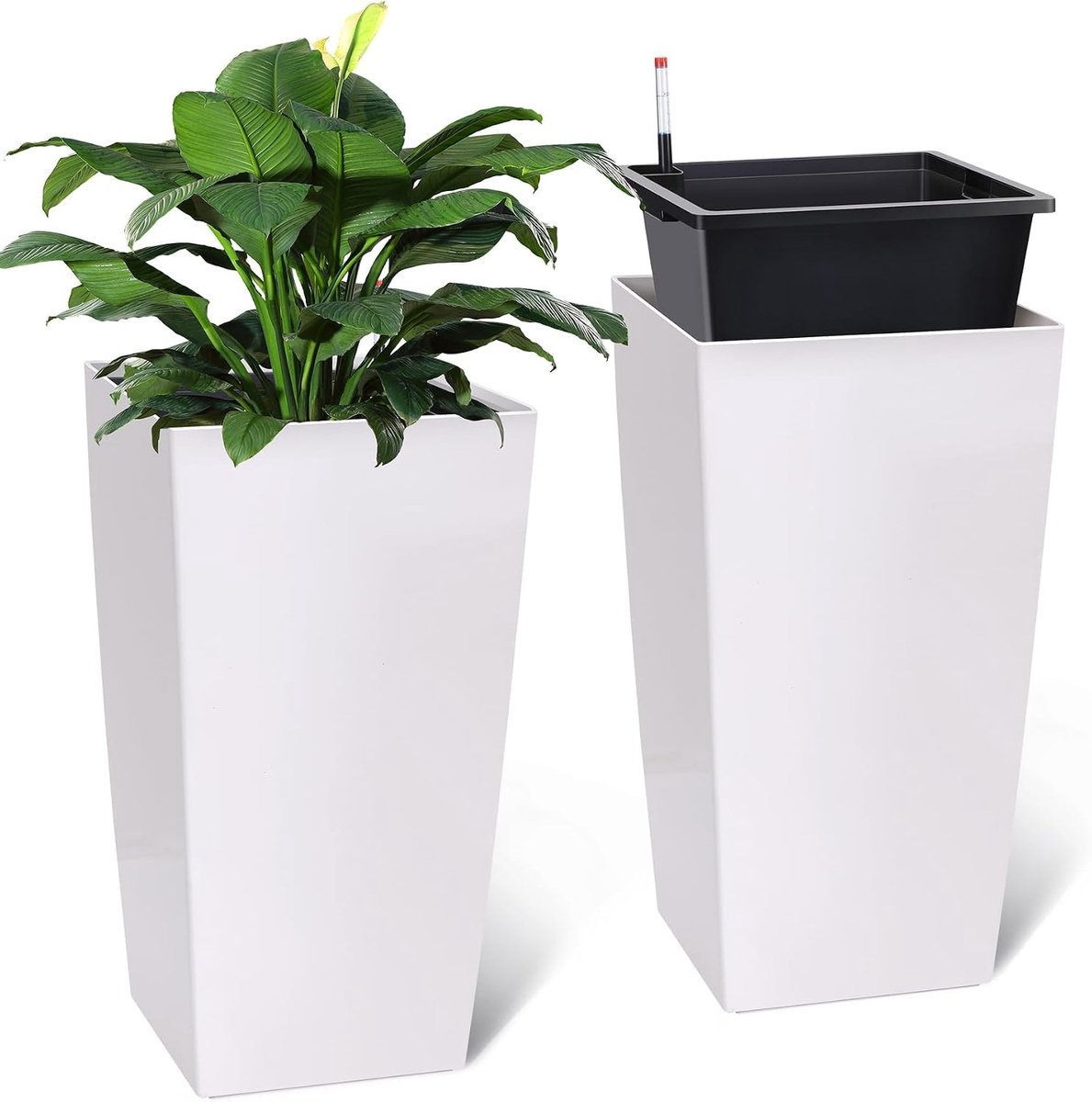 Set van 2 zelfwaterende plantenbakken - Moderne vierkante plantenbakken - Afwateringsgaten - Waterpeilindicator - Weerbestendig - Wit