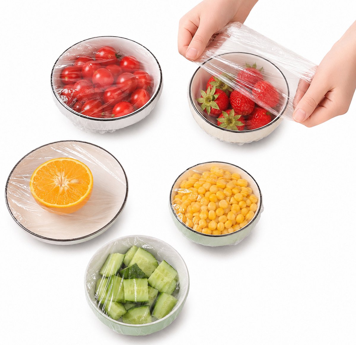 100 stuks Wegwerp Vershouddeksels – Elastische Voedselhoezen voor Kleine Borden, Kommen & Bakjes – Voedselveilig Plastic – Transparant
