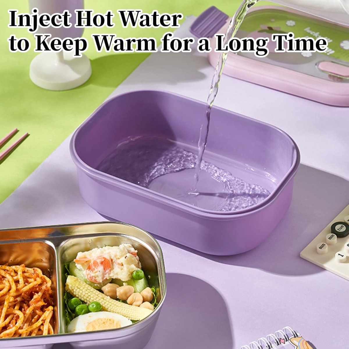 Lunchbox - Bentobox– Geïsoleerde maaltijdhouder – Vulbaar met water voor isolatie – Lunchtrommel met vakjes – Uitneembare binnenbak – Veilige kliksluiting – Geschikt voor noedels, maaltijden, fruit, broodjes (1000 ml – paars) — cadeau in Koken & Dineren - foto 3