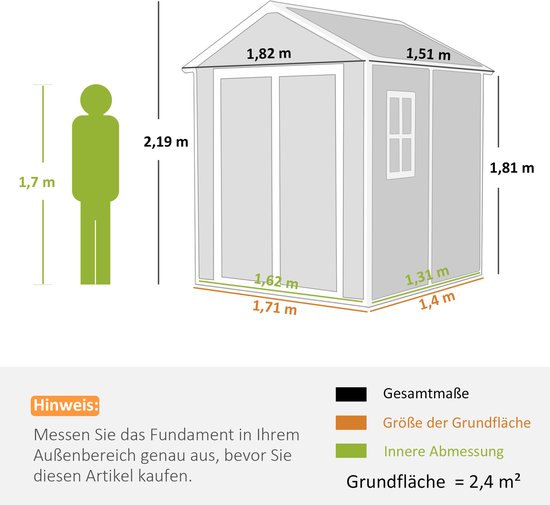 Afmetingen van een grijze kunststof tuinschuur met een staande figuur ter vergelijking.
