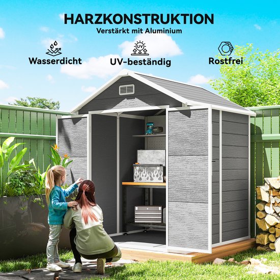 Grijze tuinschuur met open deuren, opengewerkt interieur met opbergruimte. Moeder en kind kijken naar binnen. Kenmerken: waterdicht, UV-bestendig, roestvrij.