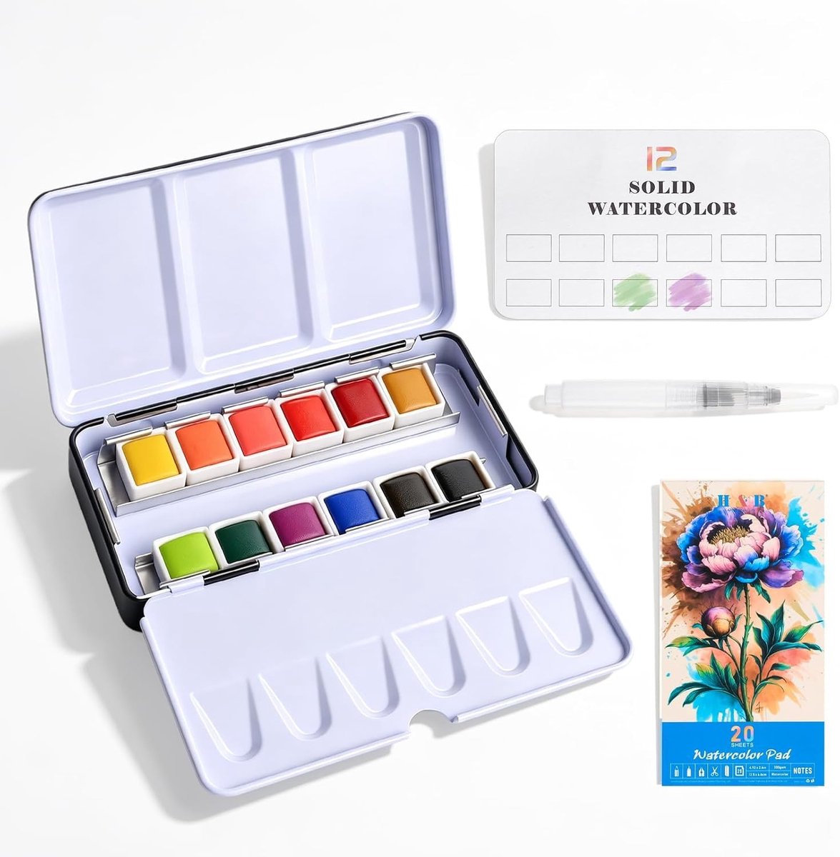 Set van 12 Levendige Waterverf Kleuren, Mini Verfset voor Reizen, Draagbare Waterverf Set voor Beginners en Amateurs, Perfect voor Schilderen en Creatieve Projecten