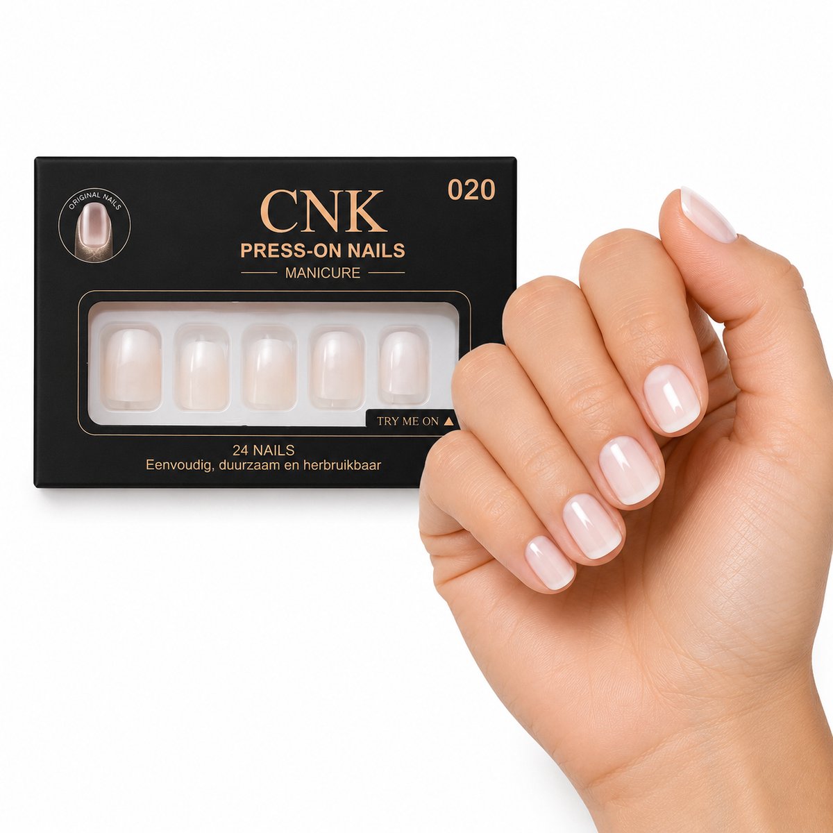 CNK 020 Press On Nails - Plaknagels - 24 Kunstnagels met Nagellijm, 24 Zelfklevende Plakstickers, Cleaner Wipe, Nagelvijl, Woodstick & Size Matcher - Nepnagels voor 7-14 Dagen - Herbruikbare Press-On Nagels - Starterspakket voor Manicure & Nail Art