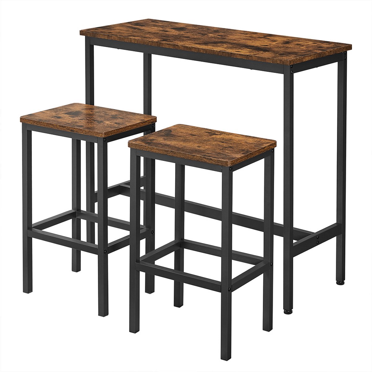 Bruin + Zwart 100x40x90 cm Bartafel Set met 2 Barkrukken Eettafel Keukentafel Tafel en Krukken Eetset Barset Ontbijttafel Bistrotafel met Metalen Frame voor Eetkamer Keuken Woonkamer Werkruimte