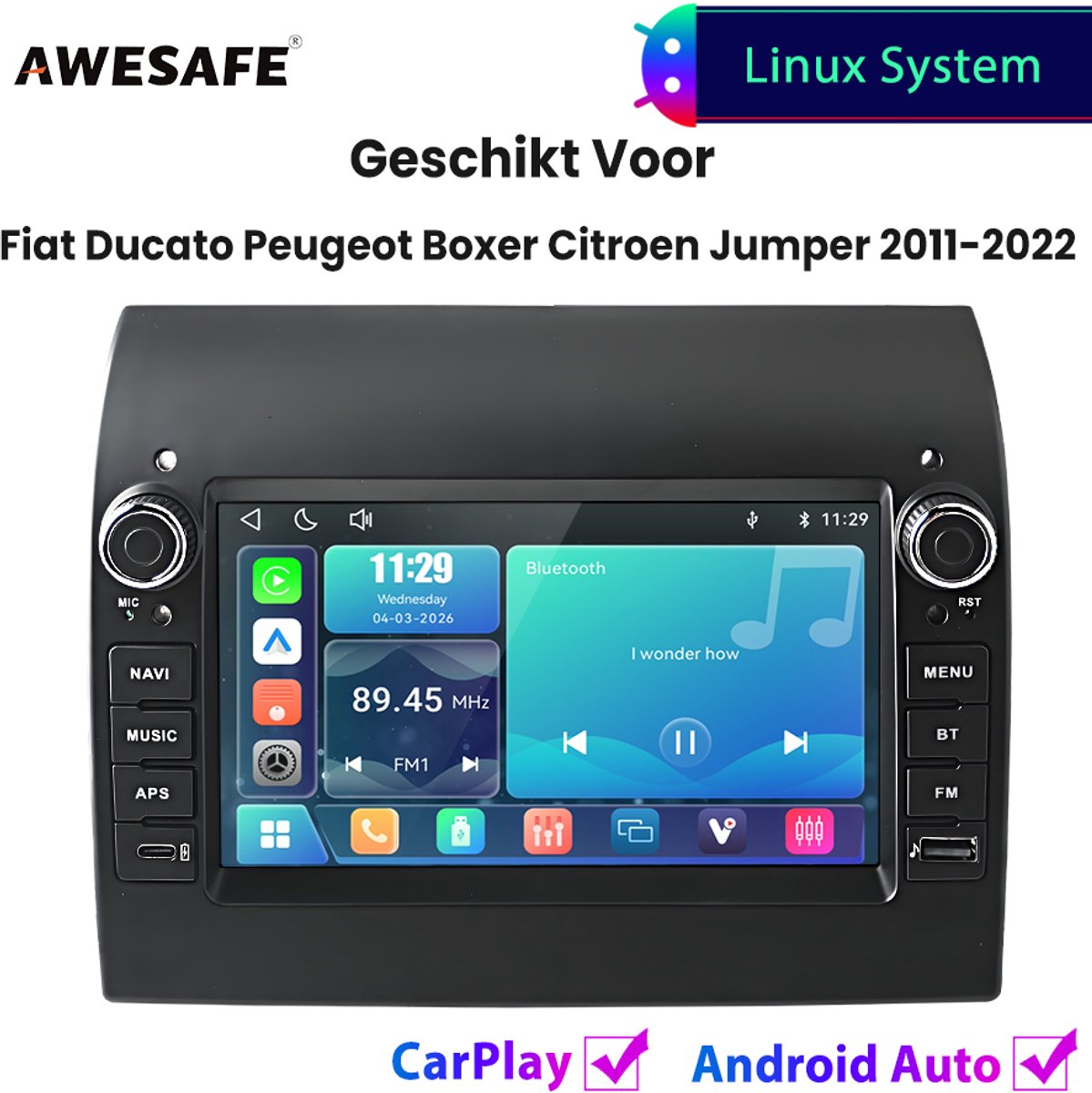 Awesafe Autoradio - Geschikt Voor Fiat Ducato Peugeot Boxer Citroen Jumper 2011 t/m 2022 - Draadloos Carplay Android Auto - Linux systeem - 7 Inch Touchscreen - FM Radio Bluetooth EQ SWC Wifi Airplay - 2012 2013 2014 2015 2016 2017 2018 2019 2020