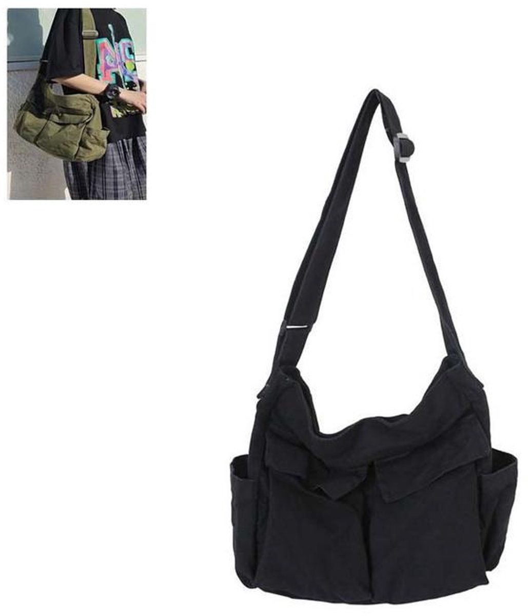 KZQ damesschoudertas - Retro canvas crossbodytas - Messengerbag - Leuk ontwerp - Geschikt voor school, werk en dagelijks gebruik - Zwart