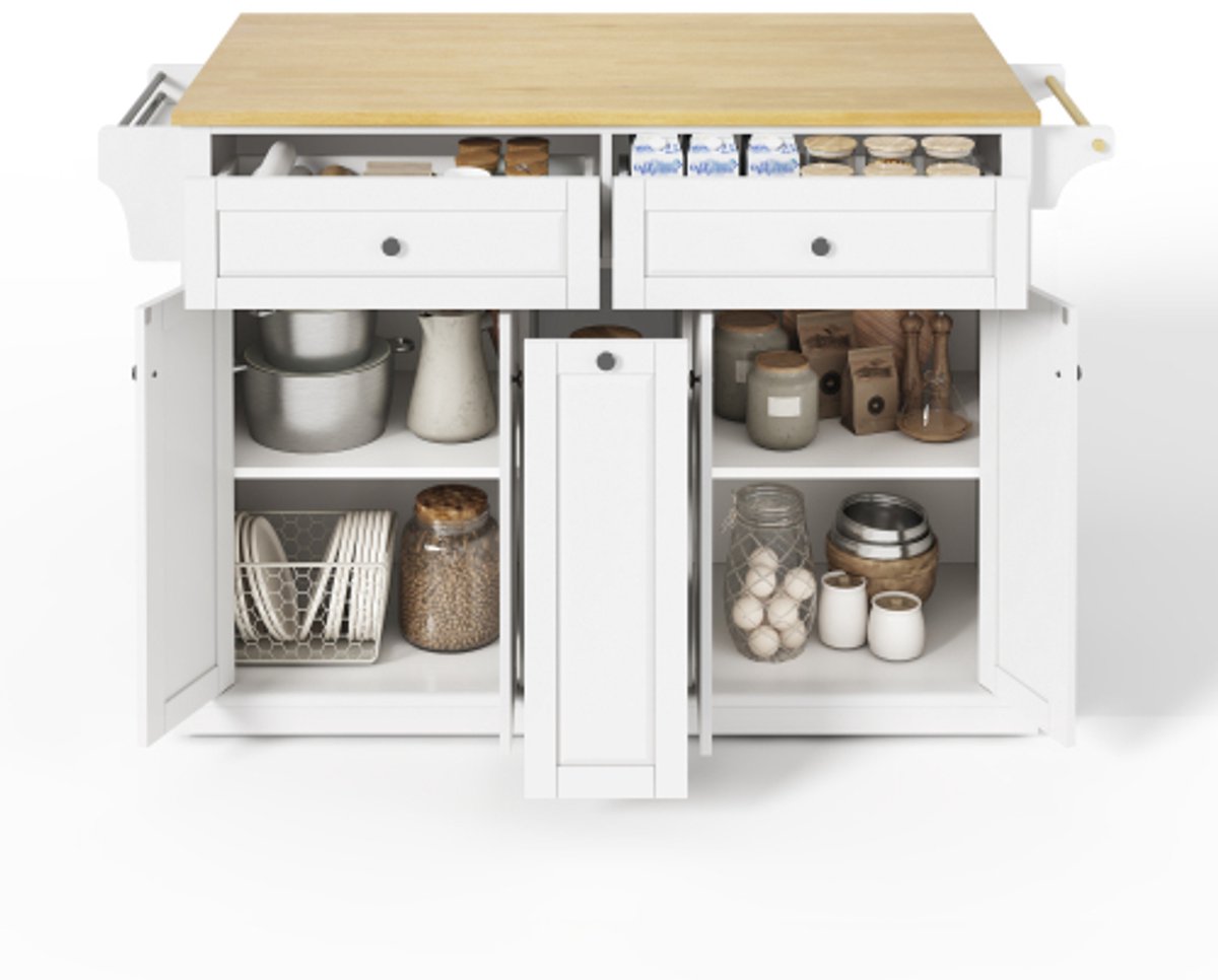 Mobiel Keukeneiland op Wielen – Keukenwagen met Inklapbaar Werkblad – 2 Verticale Lades, 2 Grote Lades en Opbergruimte – Vergrendelbare Wielen – voor Keuken en Eetkamer