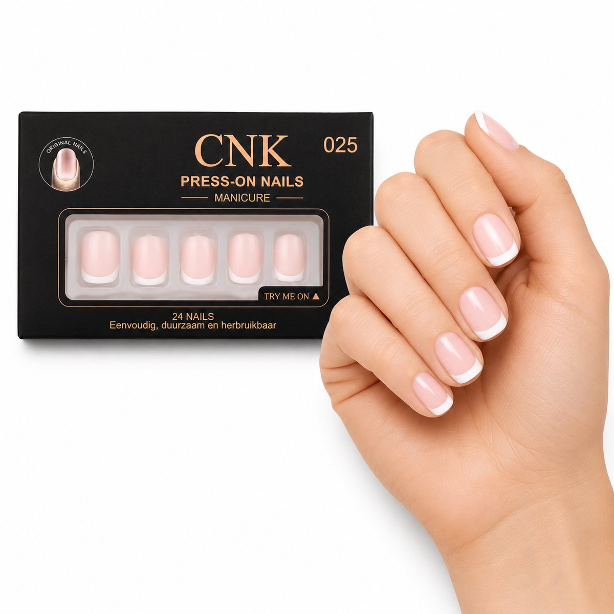 CNK 025 Press On Nails - Plaknagels - 24 Kunstnagels met Nagellijm, 24 Zelfklevende Plakstickers, Cleaner Wipe, Nagelvijl, Woodstick & Size Matcher - Nepnagels voor 7-14 Dagen - Herbruikbare Press-On Nagels - Starterspakket voor Manicure & Nail Art