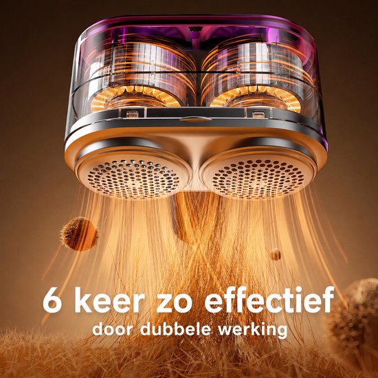 Dubbele roterende koppen van een pluizenverwijderaar die pluisjes opzuigen, met tekst "6 keer zo effectief".