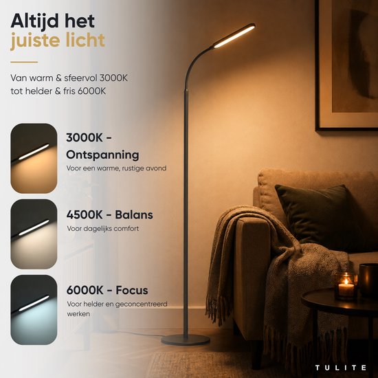 Zwarte staande lamp met drie kleurstanden: 3000K (warm), 4500K (neutraal) en 6000K (helder).
