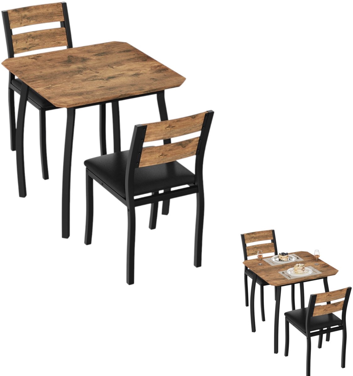 Eettafel en stoelenset voor twee personen - Vierkante eettafel - Houten tafelblad - Inclusief 2 gestoffeerde eetkamerstoelen - Geschikt voor woonkamer en keuken - Zwart en bruin (Tafel: 73 x 73 x 76 cm)