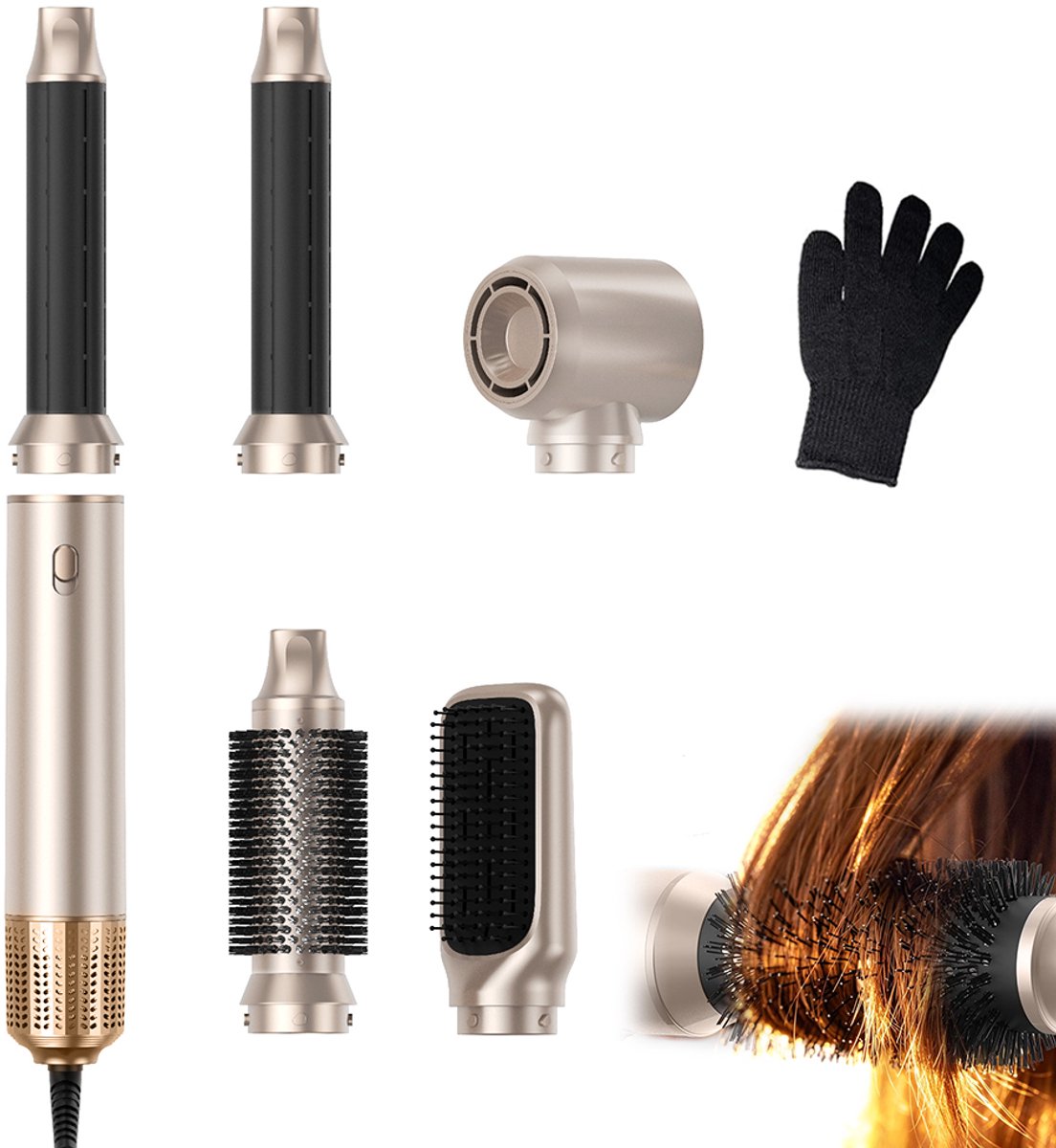 5-in-1 föhn – Multifunctionele styler – Warmeluchtkam met lage snelheid – Automatische krultang – Föhn en styler – 1000W – 220-240V – Champagne