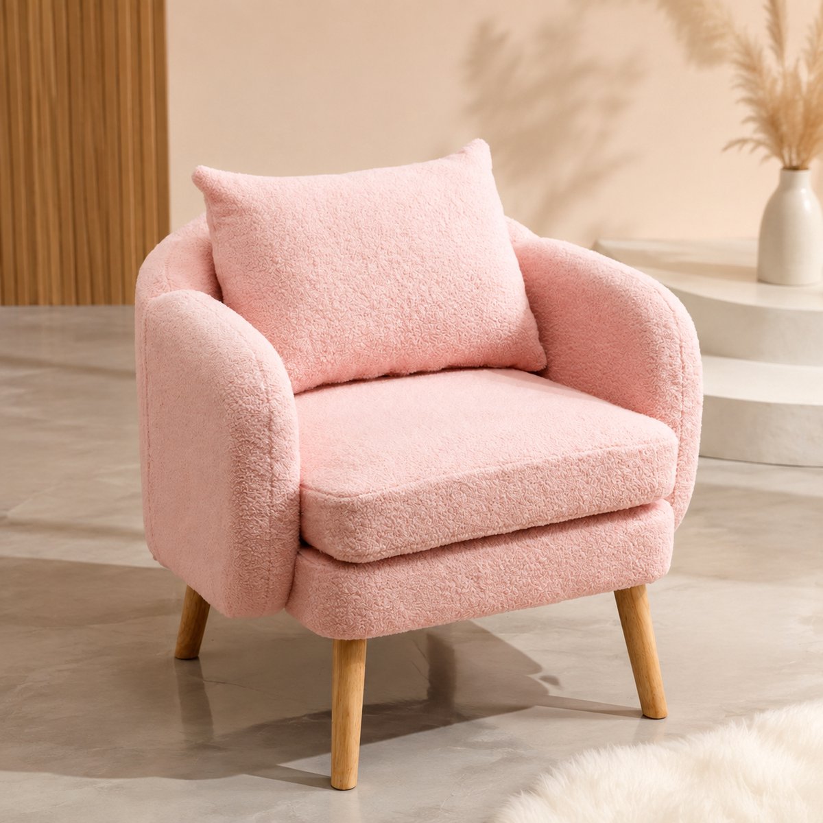 Welltin Fauteuil - Relaxstoel - loungestoel - Comfortabele Design met Houten Frame - Enkel Zetel - Teddy stof - 71x71x79 cm - Roze