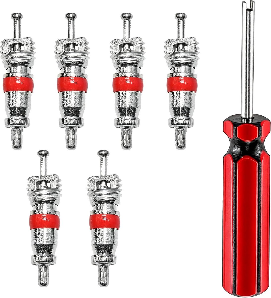 6-delige ventielsleutelset voor autoventielen met 5 ventielinzetstukken en verwijderaar, ideaal voor bandenonderhoud en vervanging van Schrader/AV-ventielen