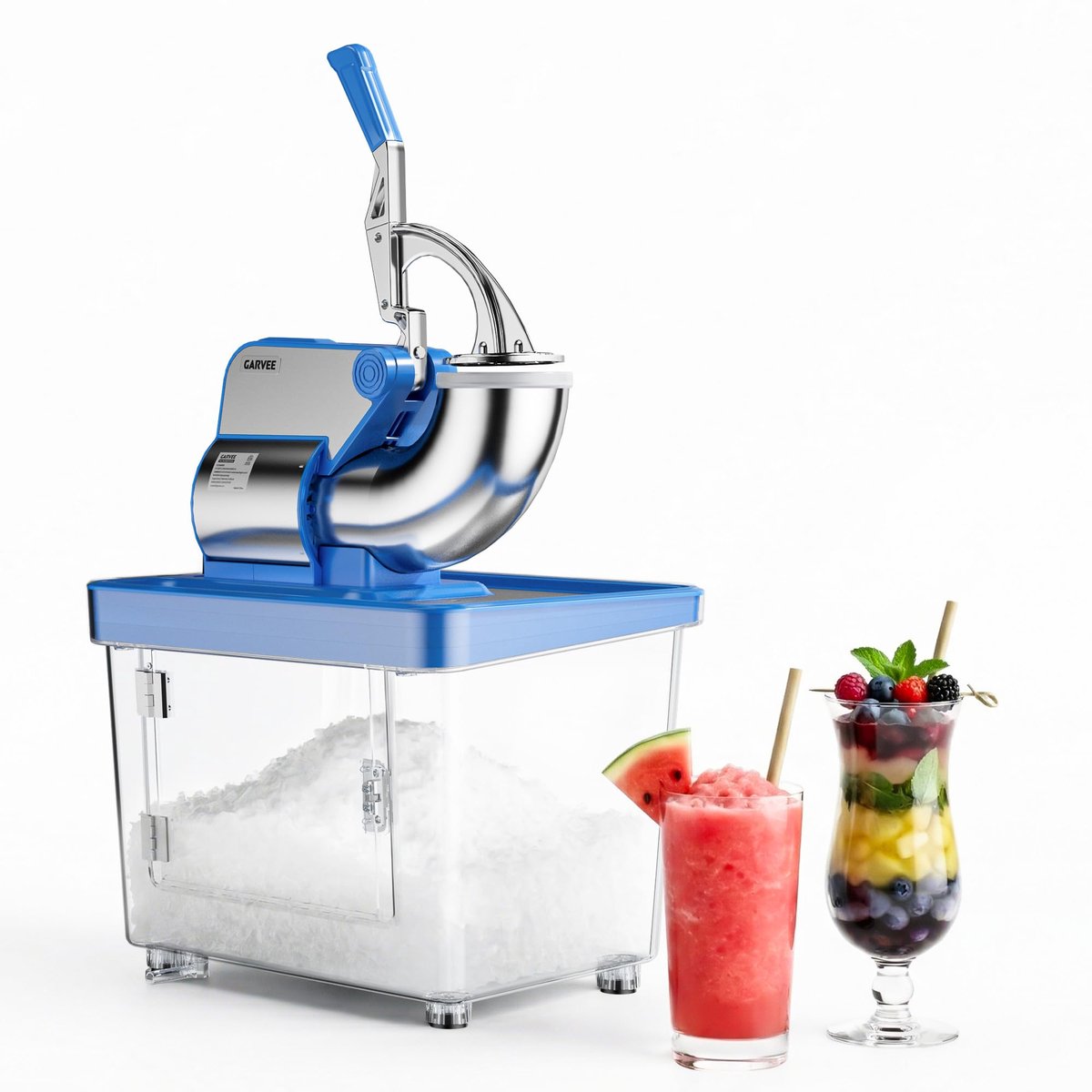 Elektrische IJscrusher - 300kg/u - IJsrasp - Professionele Schaafijsmachine met 300W Motor En 1450RPM - 4 RVS Messen - 34L Reservoir - Veiligheidsschakelaar - Voor Thuis En Horeca - Blauw