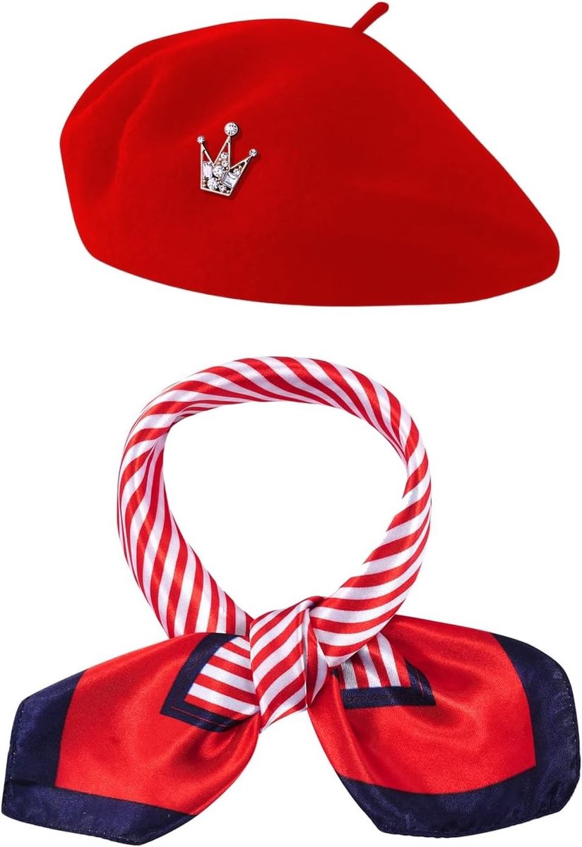 Franse Beret Set voor Vrouwen met Sjaal en Kroon voor Themafeesten, Kostuumaccessoires en Franse Stijl Decoratie