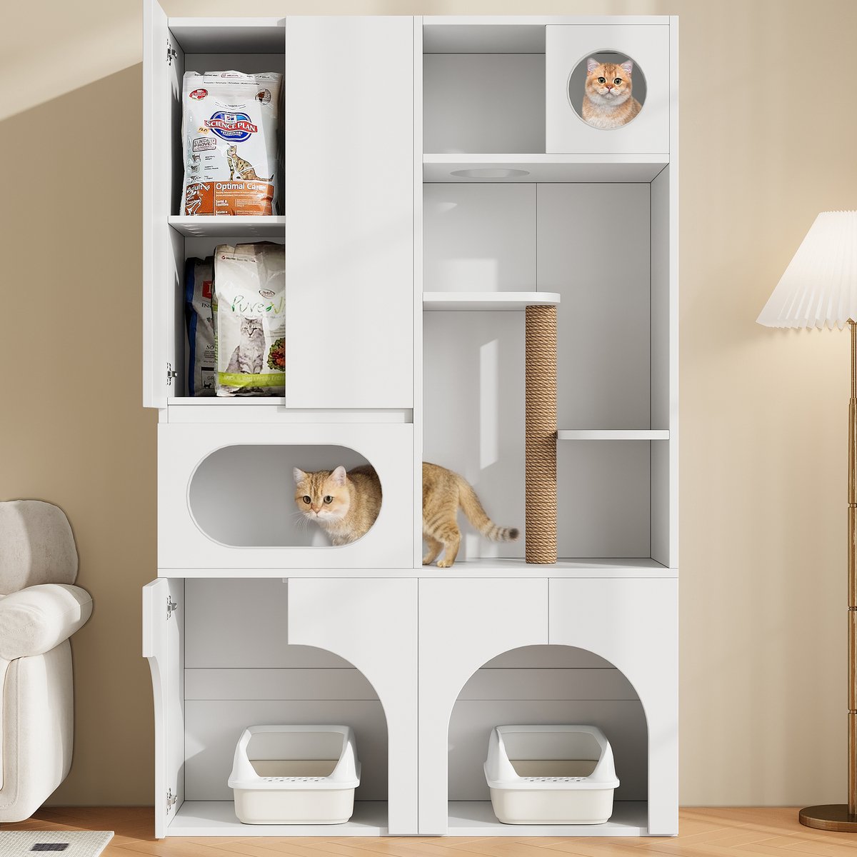 VVBV Kattenmeubel met Krabpaal 140x45x195 cm - Voor 2 Kattenbakken, Rustplek - Wit