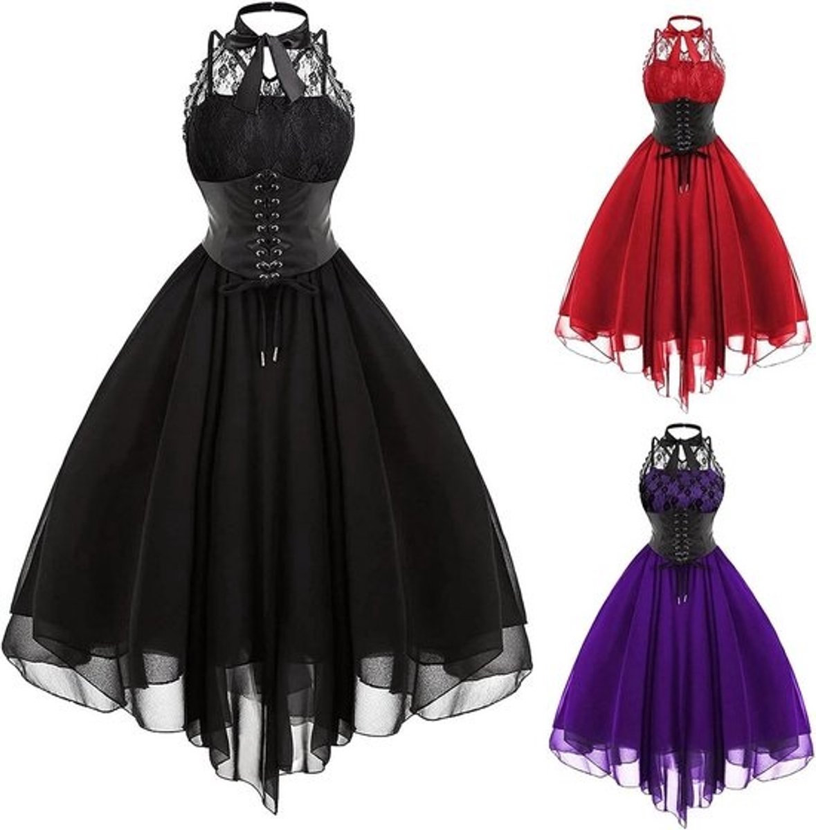Mouwloze Gothic Avondjurk met Kant en Corset Detail - Jaren '80 Stijl Cocktailjurk