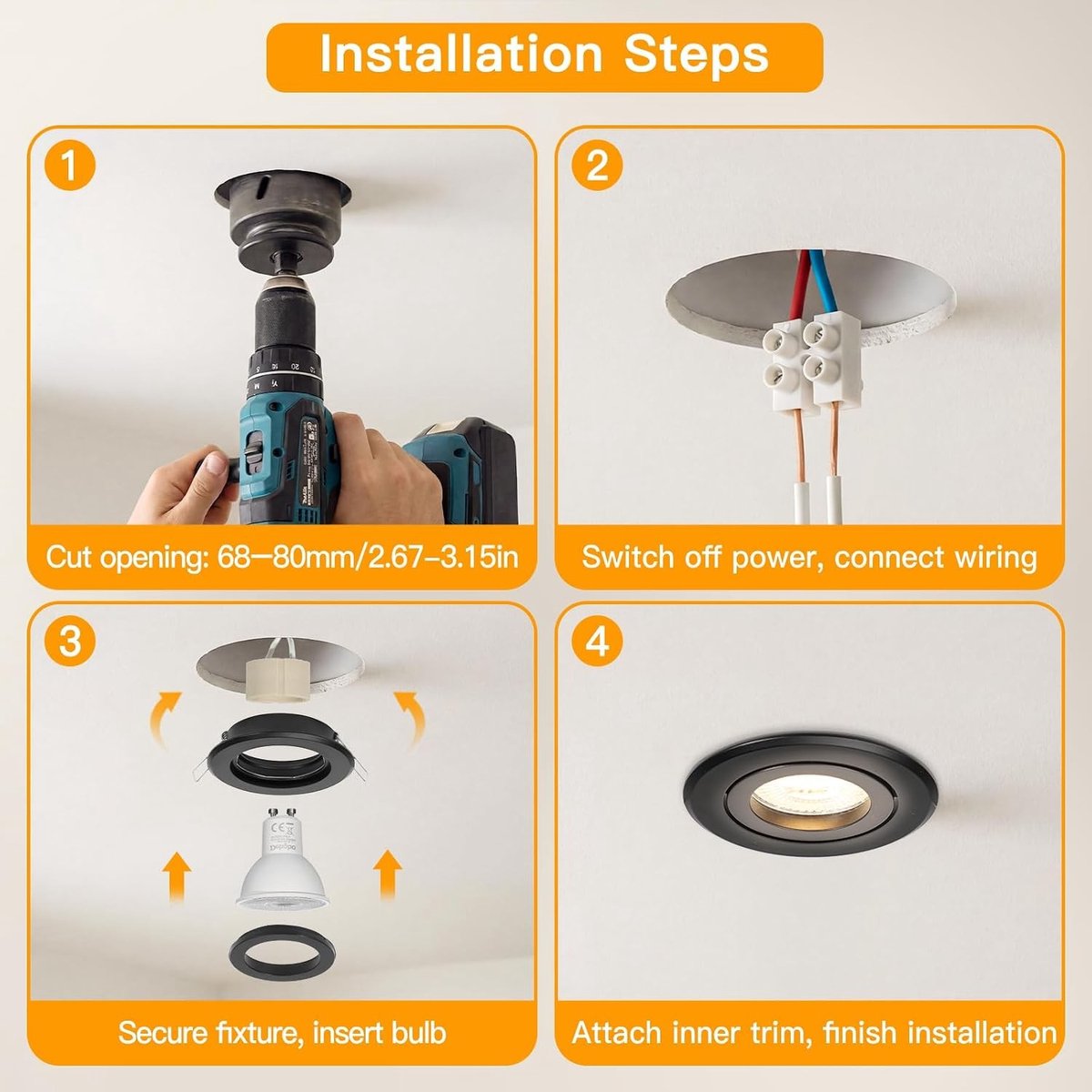 Set van 6 Inbouwspots - Zwart - 60 mm - Aluminium met Draaibare Fitting - Voor Plafondmontage