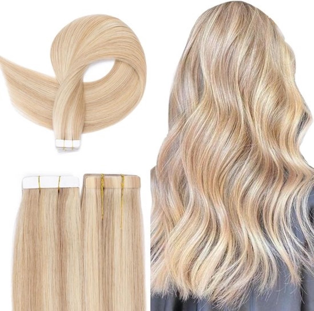 Echt Haar Extensions Tape 30 cm - 20 Stuks Remy Menselijk Haar Tape-in - Goudblond/Blond