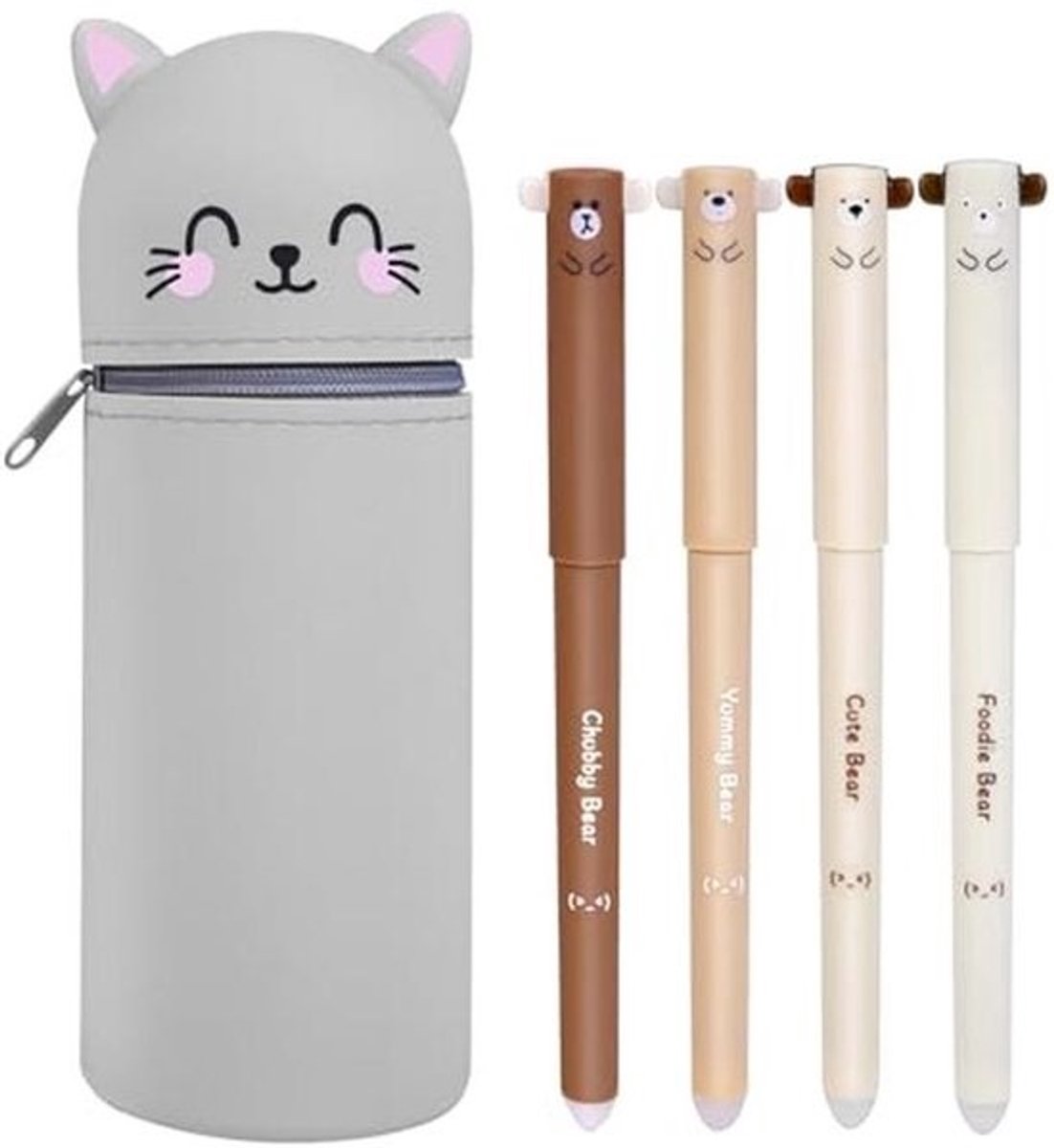 Kawaii Zachte Silicone Etui voor Potloden - 2 in 1 Staande Etui met Rits en Cartoon Ontwerp - Inclusief 4 Uitwisbare Pennen voor School en Thuis