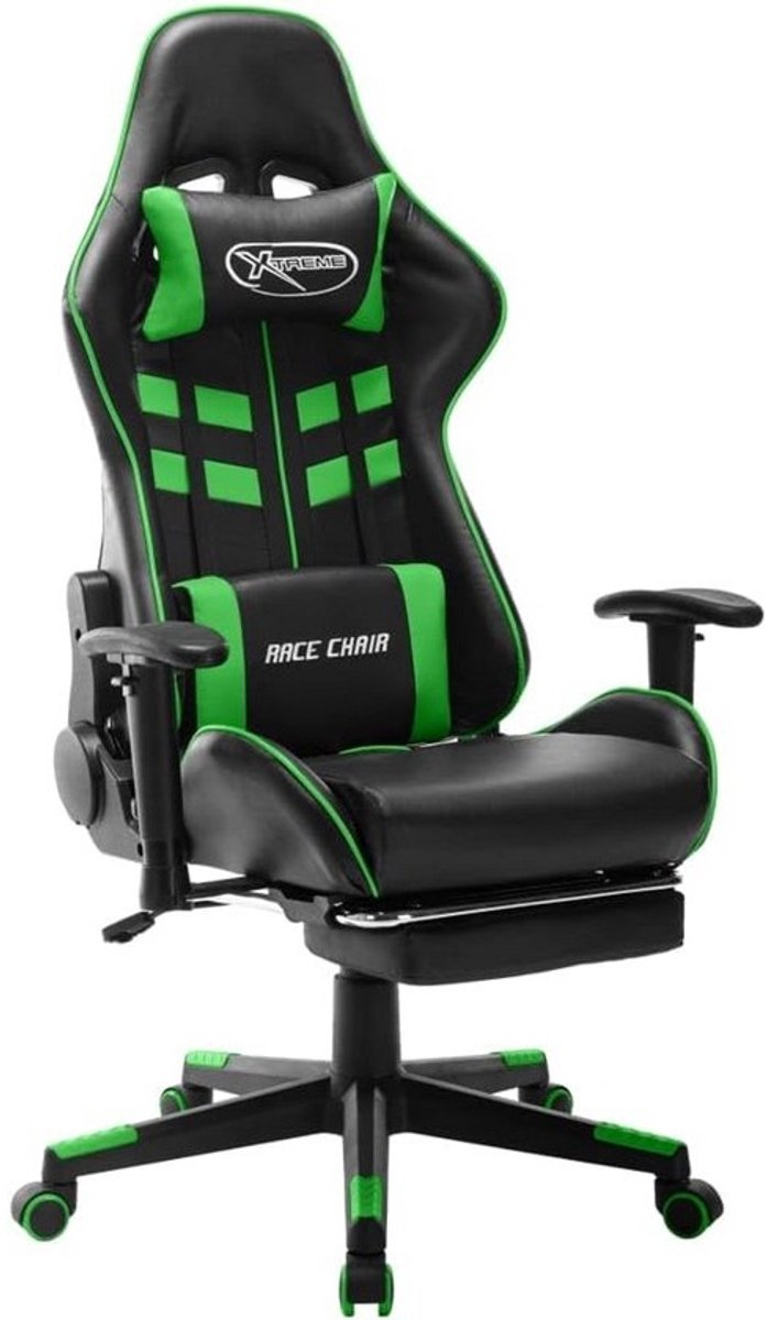 Comfortabele Zwarte en Groene Gaming Stoel met Voetensteun