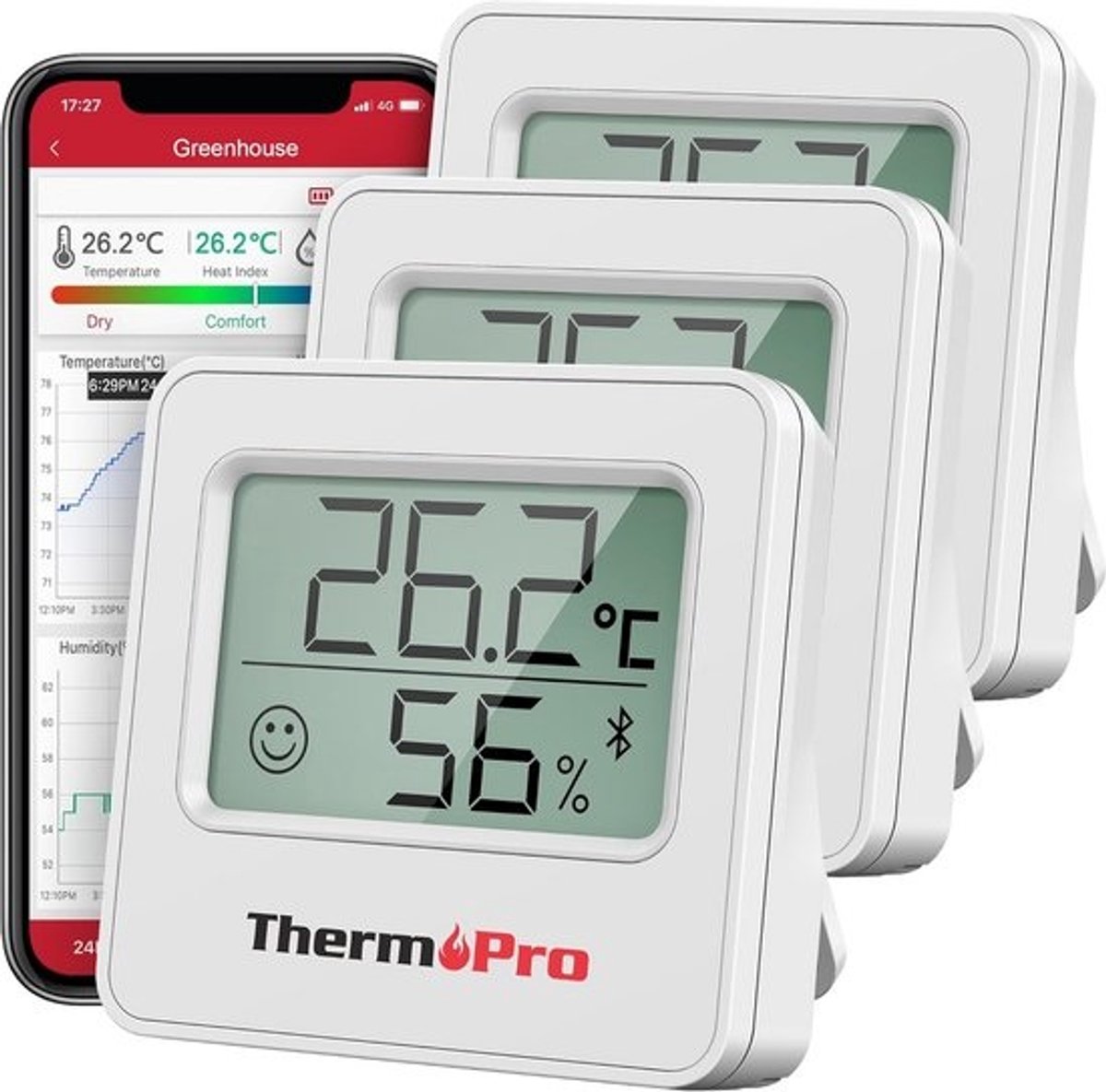 Bluetooth Hygrometer Set van 3 met App voor Binnen gebruik - Digitale Kamerthermometer met Smiley Indicator en Temperatuur- en Vochtigheidsmeting tot 80 meter