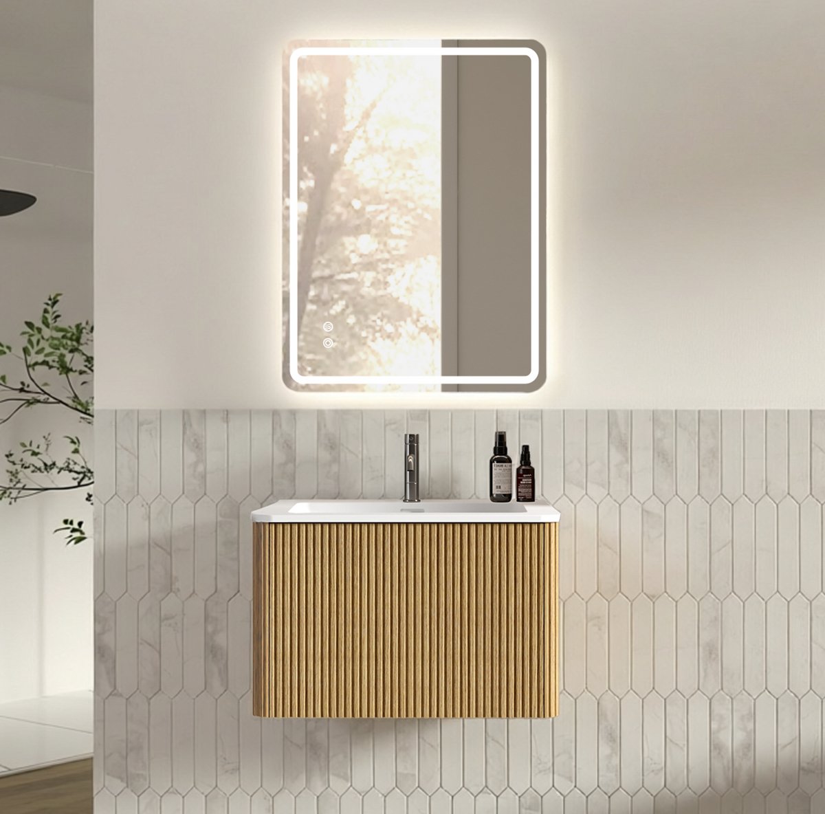 STILVORA Badkamermeubelset - Zwevend Badkamermeubel Met Lade En Led Spiegel - Voor Kleine Badkamers - Houtlook Eiken - 60 Cm