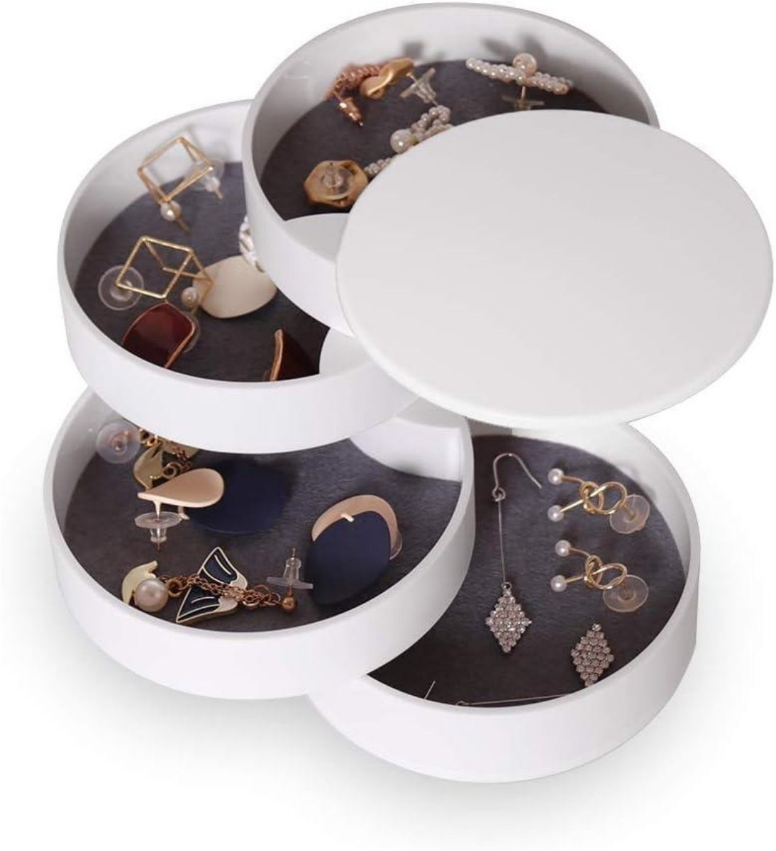 GELLDG Sieradendoos - Draaibare Sieradenorganizer - 4-Lagen Schmuckdoos - Geschikt voor Ringen Oorbellen Halskettingen Haarelastiekjes - Modern Design - Kunststof - 10x10cm