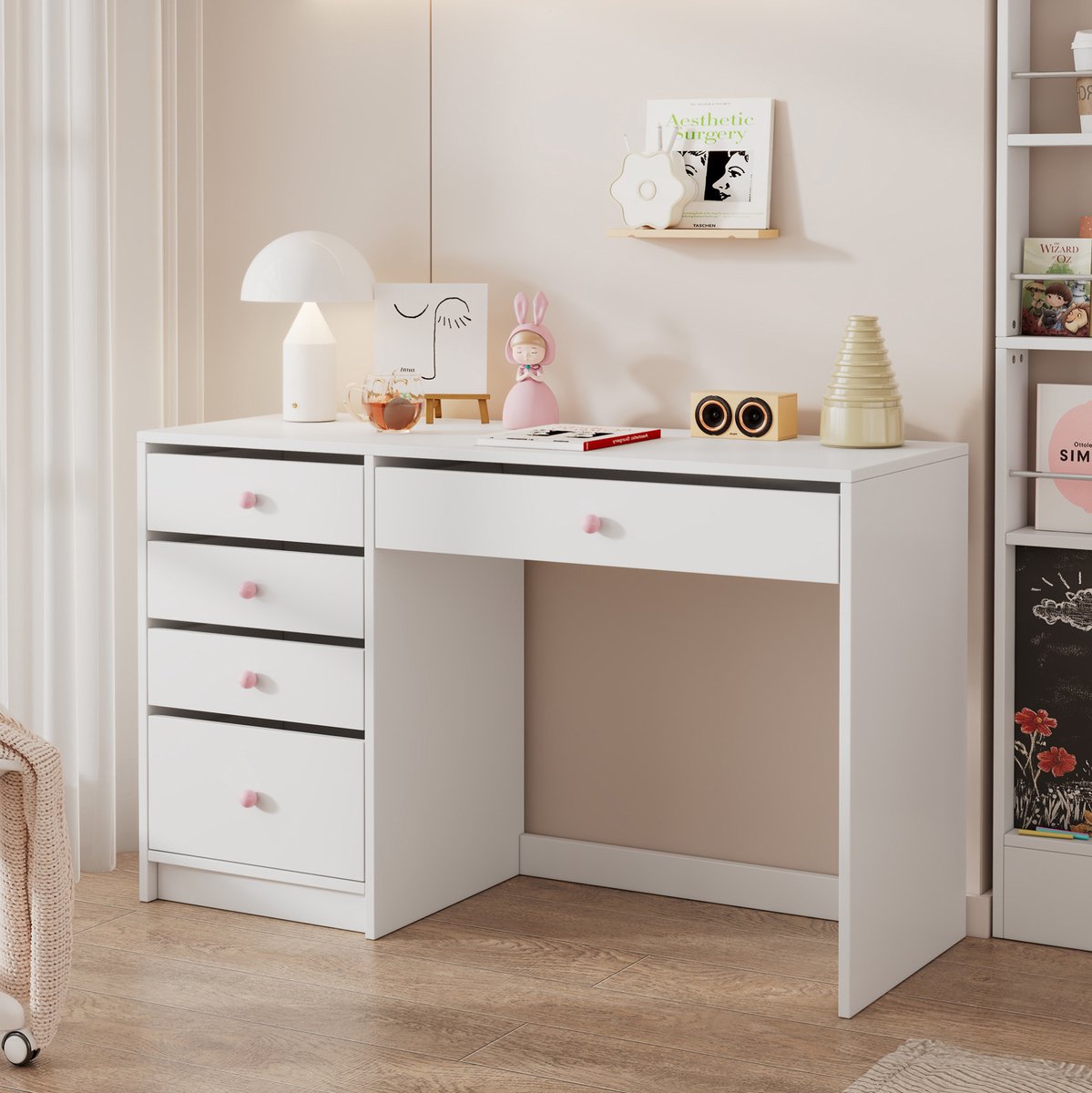 Wishdor Schreibtisch met 5 lades - Kinderschrijfbureau en computertafel - Scandinavisch design - Kinderkamer slaapkamer kantoor - Bewerkt hout - Wit - 120 x 45 x 74 cm