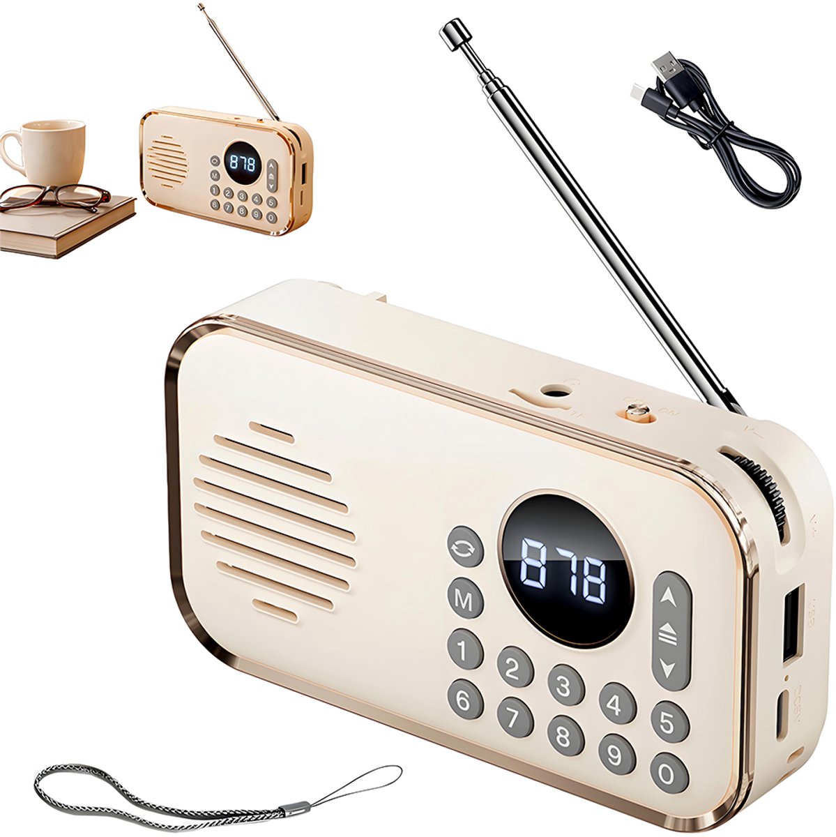Retro radio - met Bluetooth-functie – Draagbare mini-luidspreker – Walkman-luidspreker – Ondersteunt MP3, USB, microSD-kaart, antenne en Bluetooth-luidspreker – Geschikt voor thuis, op kantoor en buitenshuis - 123*34*67 mm - 1200 mAh - Beige