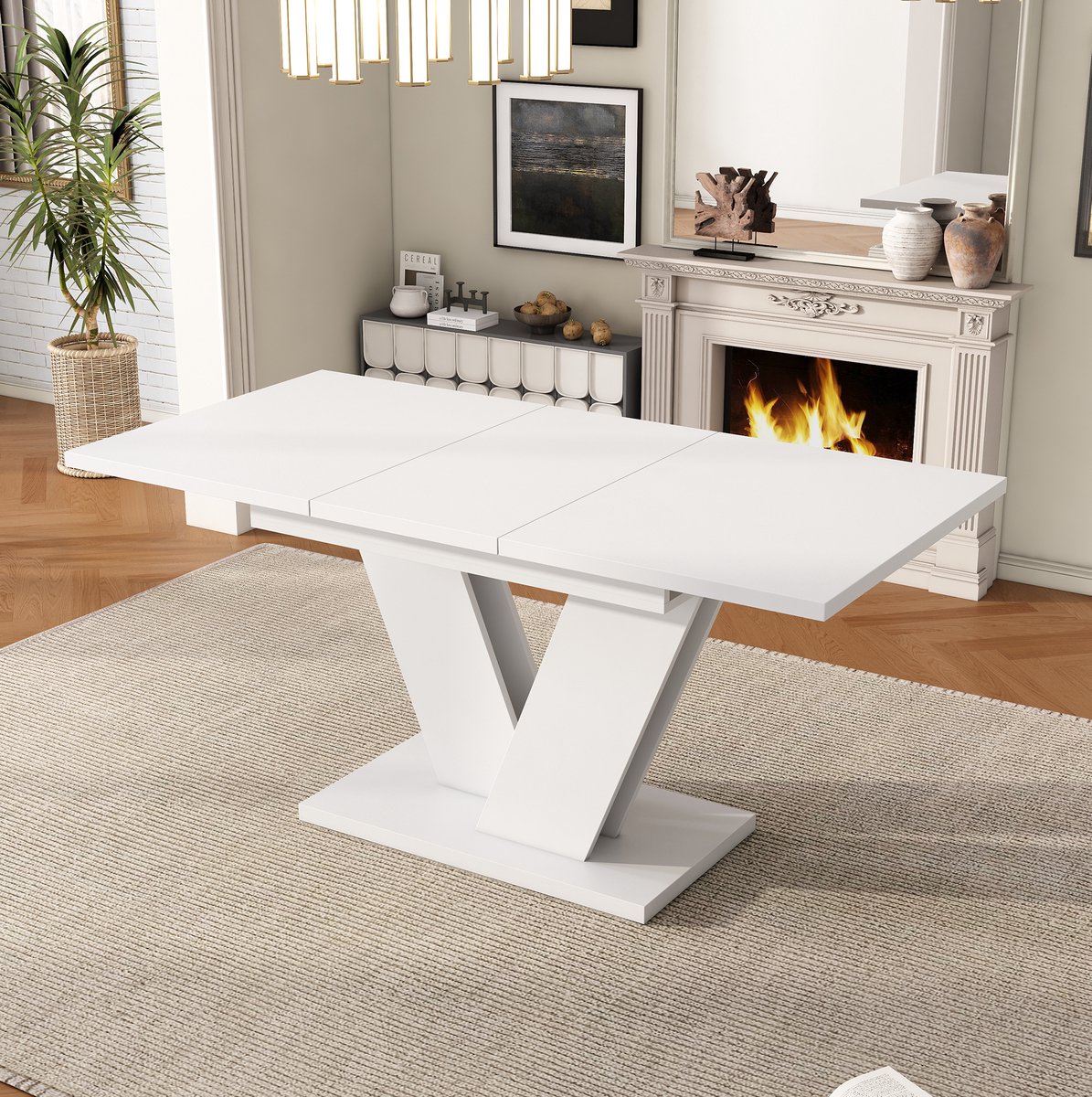 REDOM - Eetkamerset met uitschuifbare tafel - V-vormige tafelpoten - 6 stoelen - Moderne stijl - Eetkamer - MDF - Wit - 120/160 x 80 cm