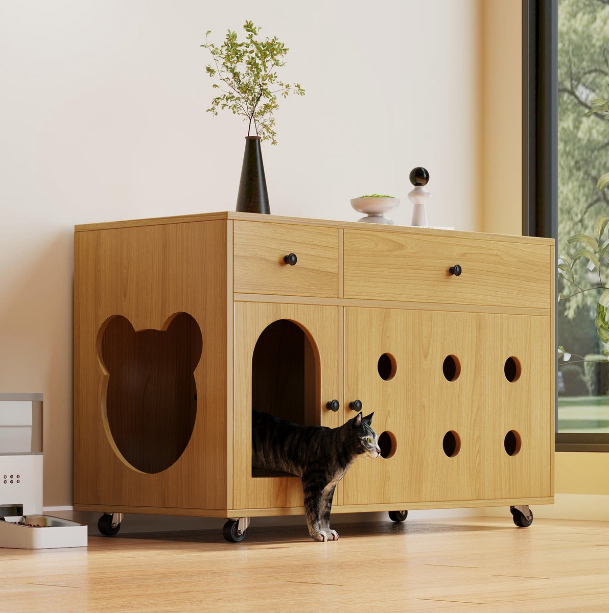 REDOM - Kattenbakcontainer - Met uitneembare zandvangplaat en ventilatieopeningen - Met dubbele opberglades en wielen - Modern - Woonkamer of balkon - MDF - Naturel - 100 x 45 x 66 cm