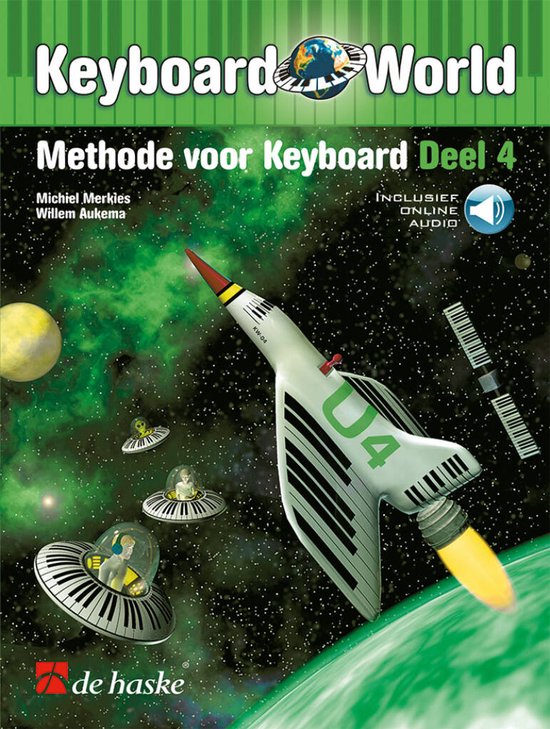 Boek "Keyboard World - Methode voor Keyboard Deel 4" met ruimte-thema, raket en vliegende schotels.